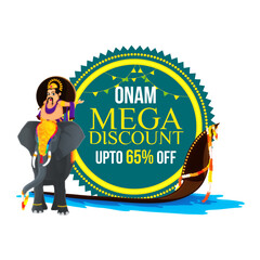 Sticker - Onam Sale Poster Design with Maveli Character Riding on Elephant and Snake Boat Illustration, Png Vector.