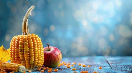 Sticker - Autumn Harvest Still Life with Corn, Apple, and Blue Bokeh