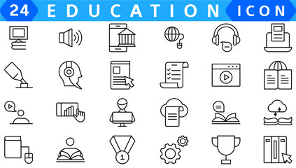 Education line icon collection..Contains knowledge, college, task list, design, training, idea, .teacher, file, graduation hat, institute, ruler, and telescope..Education set of web icons in style