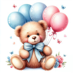 Isolated watercolor-style illustration of a cute teddy bear with baloons on a white background. Cute teddy bear character. Greeting card.