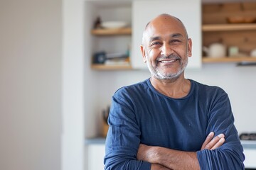 Wall Mural - Portrait of a happy indian man in his 40s with arms crossed on minimalist or empty room background