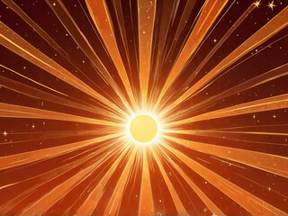 Wall Mural - abstract childish vintage shimmering sun with wide and narrow rays glowing around and shining stars  in the bright orange and cheerful background