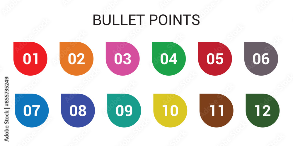 number bullet points from one to twelve vector set. Colorful bullet ...