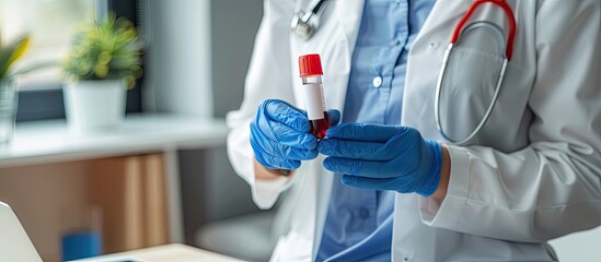 Wall Mural - doctor holding blood tube positive analysis to high risk thrombus. blood sample test with positive d