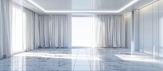 Aufkleber - White empty space or room with ceramic tile floor in perspective view, ceiling, curtain, blind, light from door and ceiling strip light. Modern interior home design look clean, bright for background
