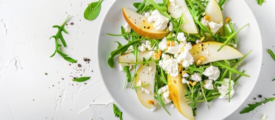 Poster - salad with arugula, pear and cottage cheese, white background, healthy food. with copy space image. Place for adding text or design