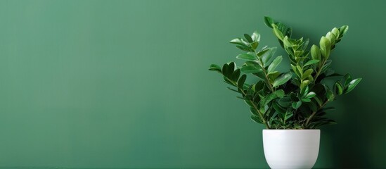 Wall Mural - Home plant zamioculcas in a white flower pot on a green background. The concept of minimalism. Houseplants in a modern interior. with copy space image. Place for adding text or design