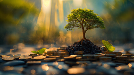 Wall Mural - A tree is growing on a pile of coins