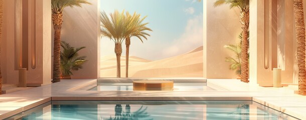 Wall Mural - Luxurious oasis setting with desert landscape and modern architecture, ideal for stylish presentations and peaceful themes