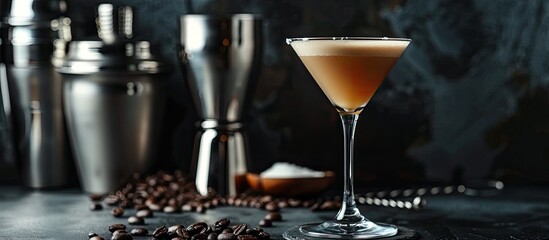 Leinwandbilder - Espresso martini, cocktail shaker, accessories in background, dark backdrop, sophisticated drink, alluring presentation. with copy space image. Place for adding text or design