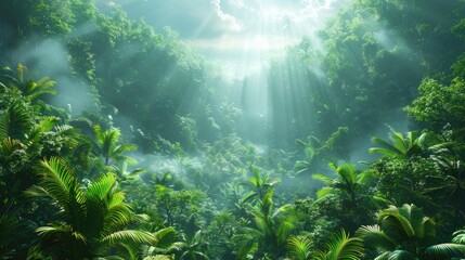 Wall Mural -  Lush green rainforest with sun rays streaming through the canopy, ideal for nature and environmental themes