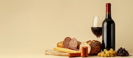 Leinwandbilder - composition with wine,sausage and bread Isolated on pastel background. with copy space image. Place for adding text or design