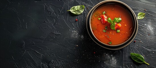 Leinwandbilder - Bowl of hot soup on black background. Copy space image. Place for adding text or design