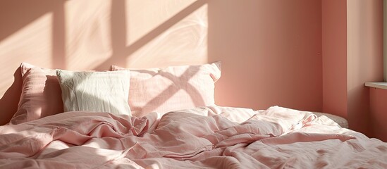 Canvas Print - Bed in pink bed linen in room. with copy space image. Place for adding text or design
