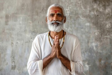 Canvas Print - Portrait of a tender indian man in his 50s joining palms in a gesture of gratitude in front of minimalist or empty room background