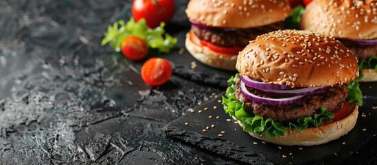 Aufkleber - Source of fibre plant based vegan soya protein grilled burgers, meat free healthy food close up. with copy space image. Place for adding text or design