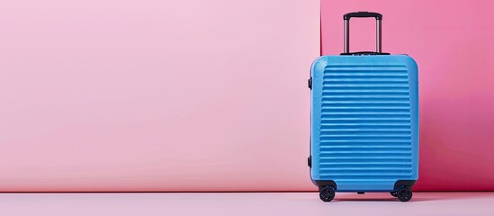 Wall Mural - Deep blue plastic suitcase Isolated on pastel background. with copy space image. Place for adding text or design