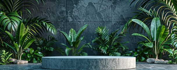 Wall Mural - Modern garden setting with lush greenery and a round stone podium stage against a minimalist grey wall, for nature presentation