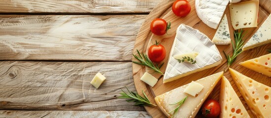Poster - edam parmesan and brie cheese on wooden platter over wooden table pastel background. with copy space image. Place for adding text or design