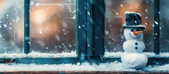 Aufkleber - Winter window and snowman with black hat . with copy space image. Place for adding text or design