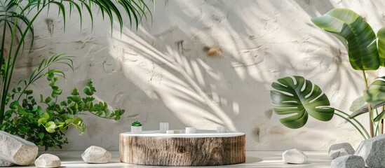 Poster - Natural beauty podium backdrop for cosmetic product display. Background for cosmetic product branding with stone, wood and plant. Copy space image. Place for adding text or design