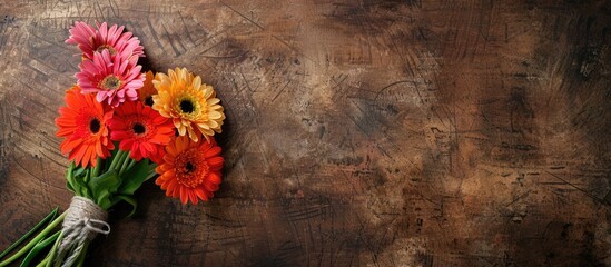 Wall Mural - bouquet of bright flowers on the brown table. with copy space image. Place for adding text or design