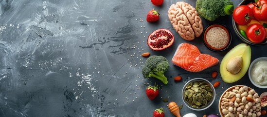 Aufkleber - Different healthy products for brain on grey background. Copy space image. Place for adding text or design
