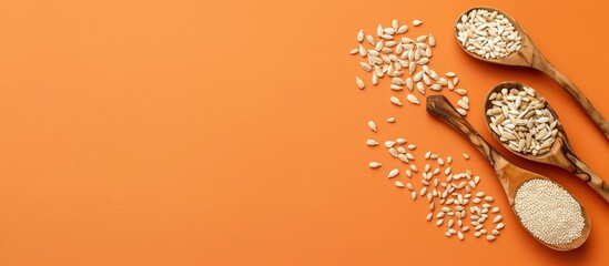 Fototapete - Pumpkin, sunflower and sesame seeds in a wooden spoon Isolated on pastel background top view. with copy space image. Place for adding text or design