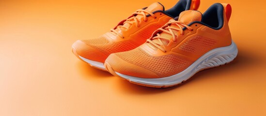 Wall Mural - Stability and cushion running shoes. New unbranded running sneaker or trainer on orange background. Men's sport footwear. Pair of sport shoes. with copy space image. Place for adding text or design