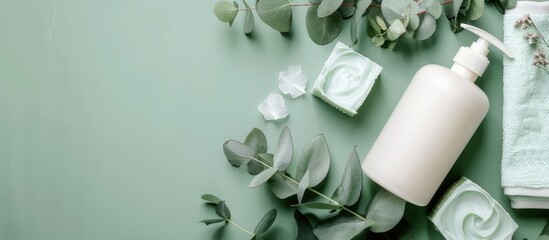 Aufkleber - White cosmetic bottles, eucalyptus flowers, towels, soap on green background. Top view, flat lay. Natural organic beauty product concept. Spa, skin care, body treatment. with copy space image