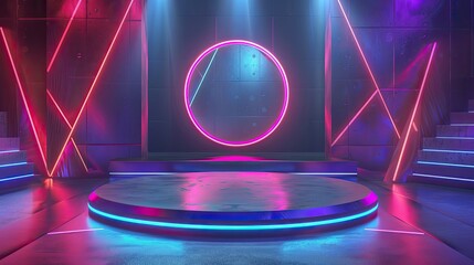 Futuristic podium stage with neon blue and pink lights, ideal for modern product displays and technology, game background