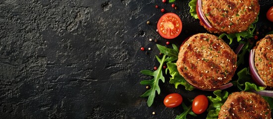 Aufkleber - Source of fibre plant based vegan soya protein grilled burgers, meat free healthy food close up. with copy space image. Place for adding text or design