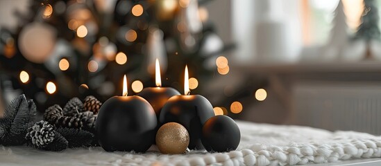 Poster - black burning candles with Christmas balls in white interior. with copy space image. Place for adding text or design