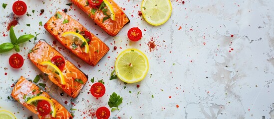 Fototapete - Sliced salmon pieces served with lemon and vegetables pastel background. with copy space image. Place for adding text or design