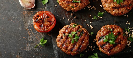 Aufkleber - Source of fibre plant based vegan soya protein grilled burgers, meat free healthy food close up. with copy space image. Place for adding text or design