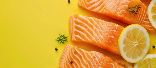 Fototapete - Sliced salmon pieces served with lemon and vegetables pastel background. with copy space image. Place for adding text or design