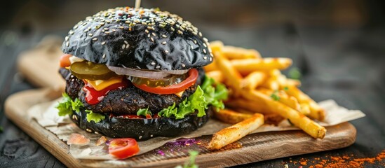 Wall Mural - Black burger on a light wooden board. The filling consists of the spirit of cutlets, cheese, sauce and vegetables. Next to the burger fries. pastel background. Closeup. Macro shooting