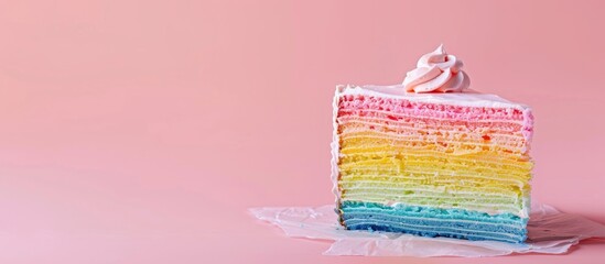 Aufkleber - Rainbow crepe cake Isolated on pastel background.  Food. with copy space image. Place for adding text or design