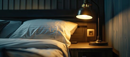 Poster - A bedside table and a burning lamp stands on it in a dark room. Hotel number. with copy space image. Place for adding text or design