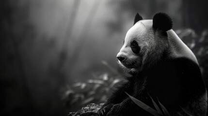 Panda bamboo forest, black white fur gentle demeanor.
