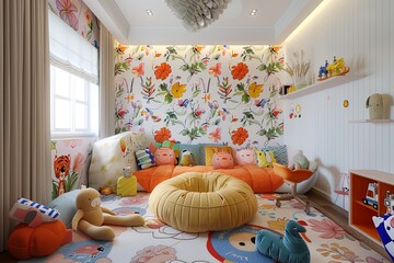 Poster - A bright and cheerful childrens playroom featuring colorful floral wallpaper, a large orange couch, and a plush yellow beanbag chair. Generative AI