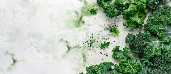 Poster - Creative layout made of green kale with watercolor spots on the white background. Flat lay. Food concept. Copy space image. Place for adding text or design