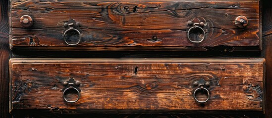 Detail of wooden furniture cabinet chest with drawers front, metal handles, vintage style. with copy space image. Place for adding text or design