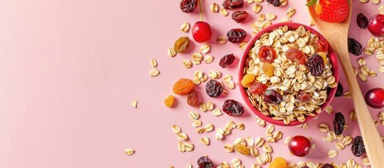 Poster - Muesli cereals close up with raisins, oat and wheat flakes, fruits, strawberry, cranberry, cherry pieces. isolated on pastel background. In wooden spoon. with copy space image