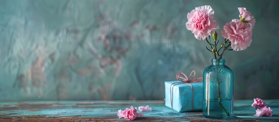 Leinwandbilder - Pink carnation flowers in bottle and blue gift box on old wood. with copy space image. Place for adding text or design