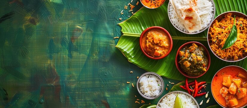 meals served on banana leaf, traditional south indian cuisine. Copy space image. Place for adding text or design