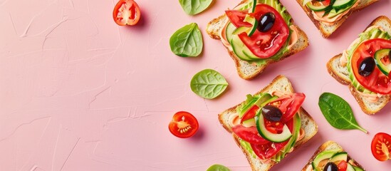 Aufkleber - Toast sandwiches with avocado, tomatoes and olives. Isolated on pastel background. Top view. with copy space image. Place for adding text or design