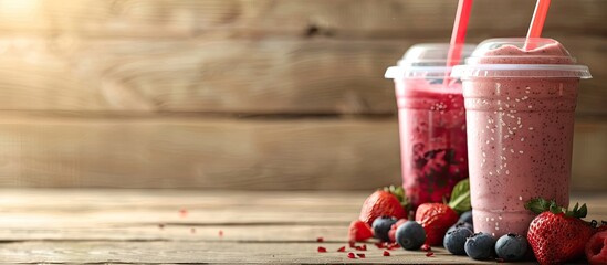 Wall Mural - Sweet smoothie in plastic cups on wooden table. Copy space image. Place for adding text or design