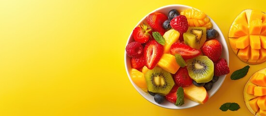 Poster - Delicious exotic fruit salad on yellow background, top view. Space for text. Copy space image. Place for adding text or design