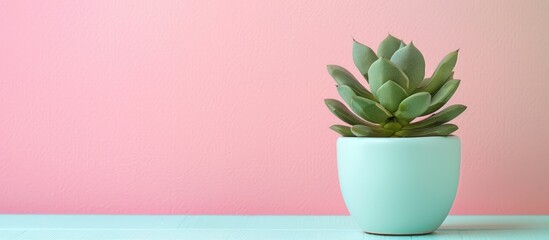 Fototapete - Decorative little green plant in ceramic pot on pastel background. with copy space image. Place for adding text or design